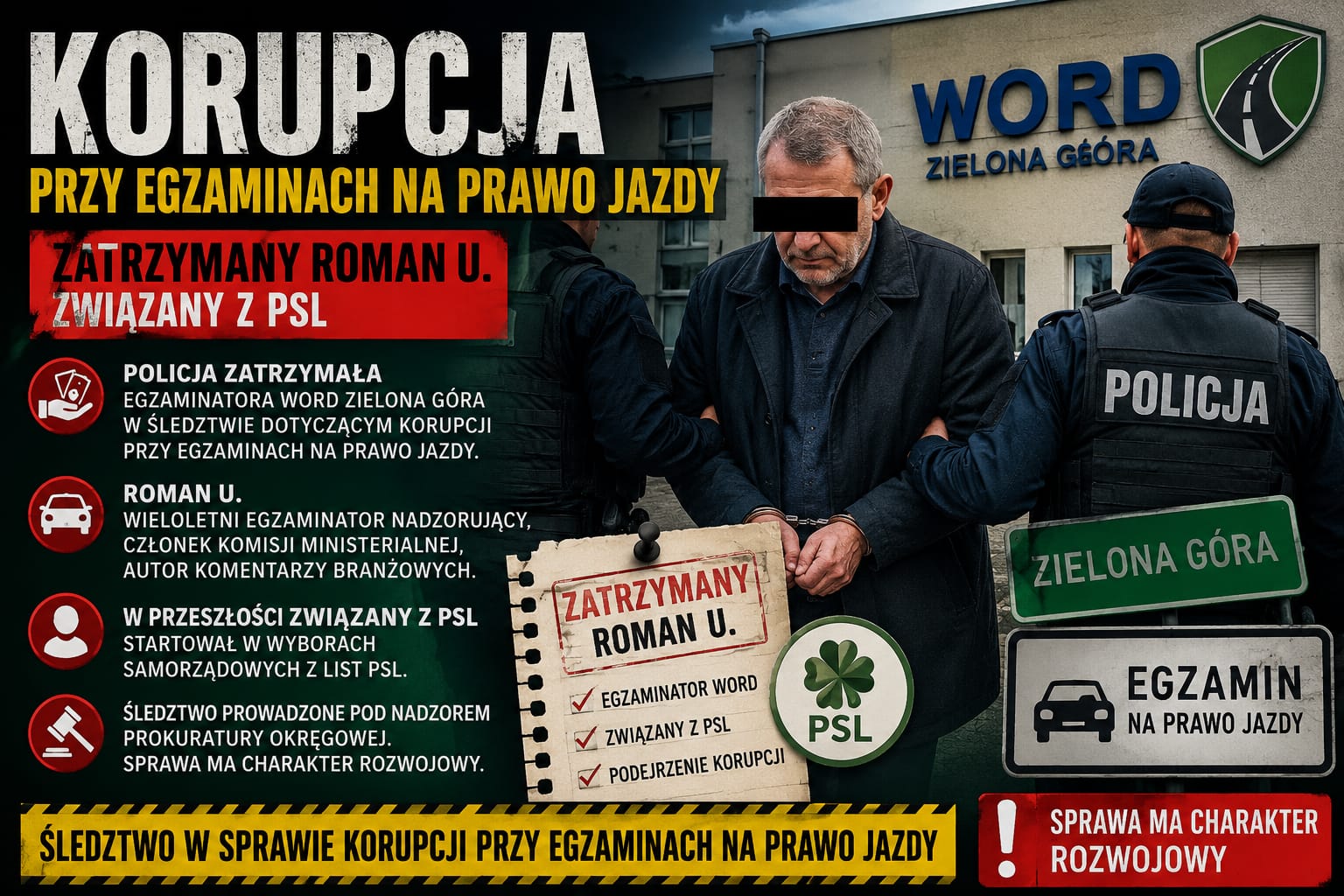 Wracamy do sprawy korupcji i zatrzymań w WORD. Zatrzymany egzaminator był związany z PSL
