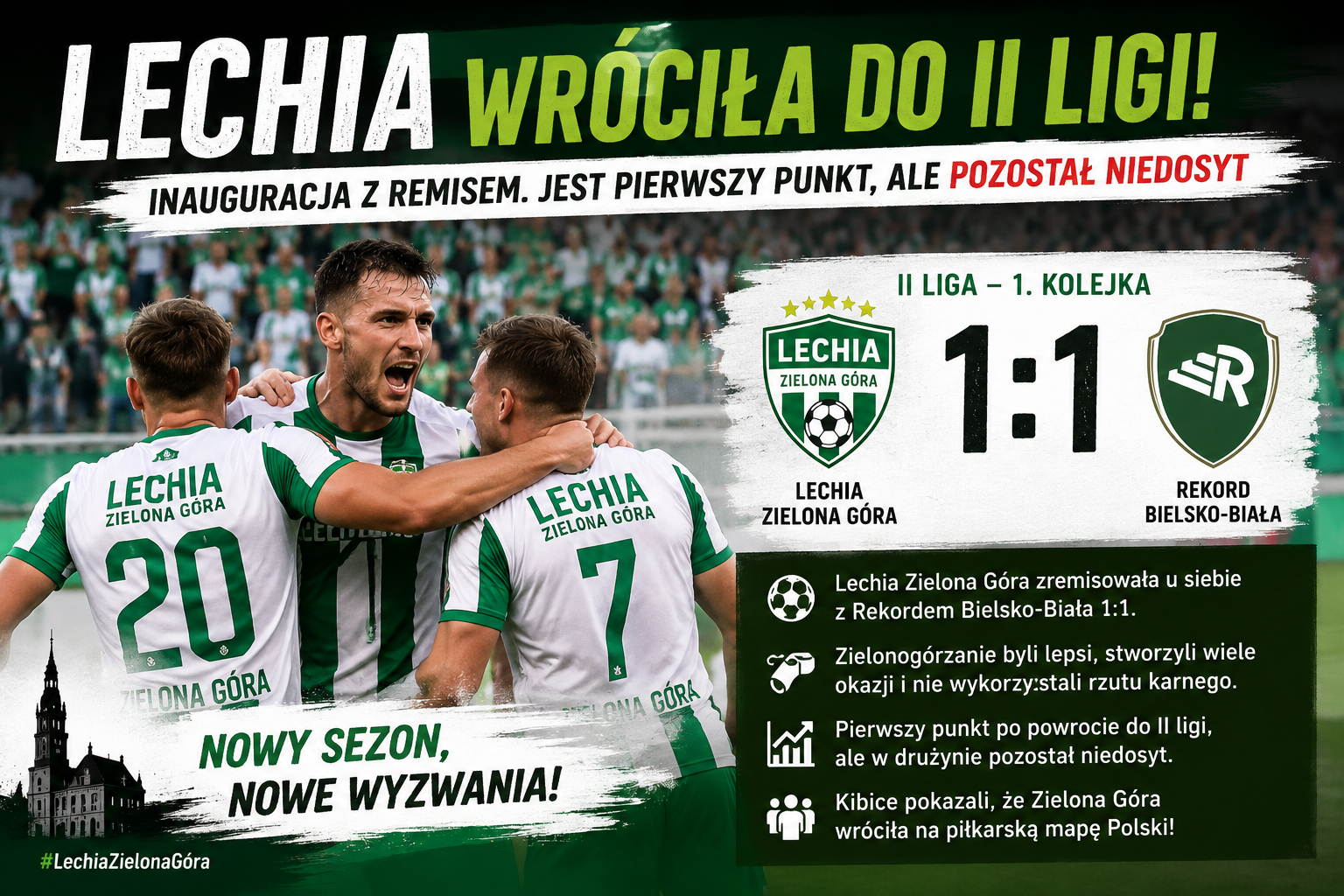Lechia wróciła do II ligi. Jest pierwszy punkt, ale pozostał niedosyt